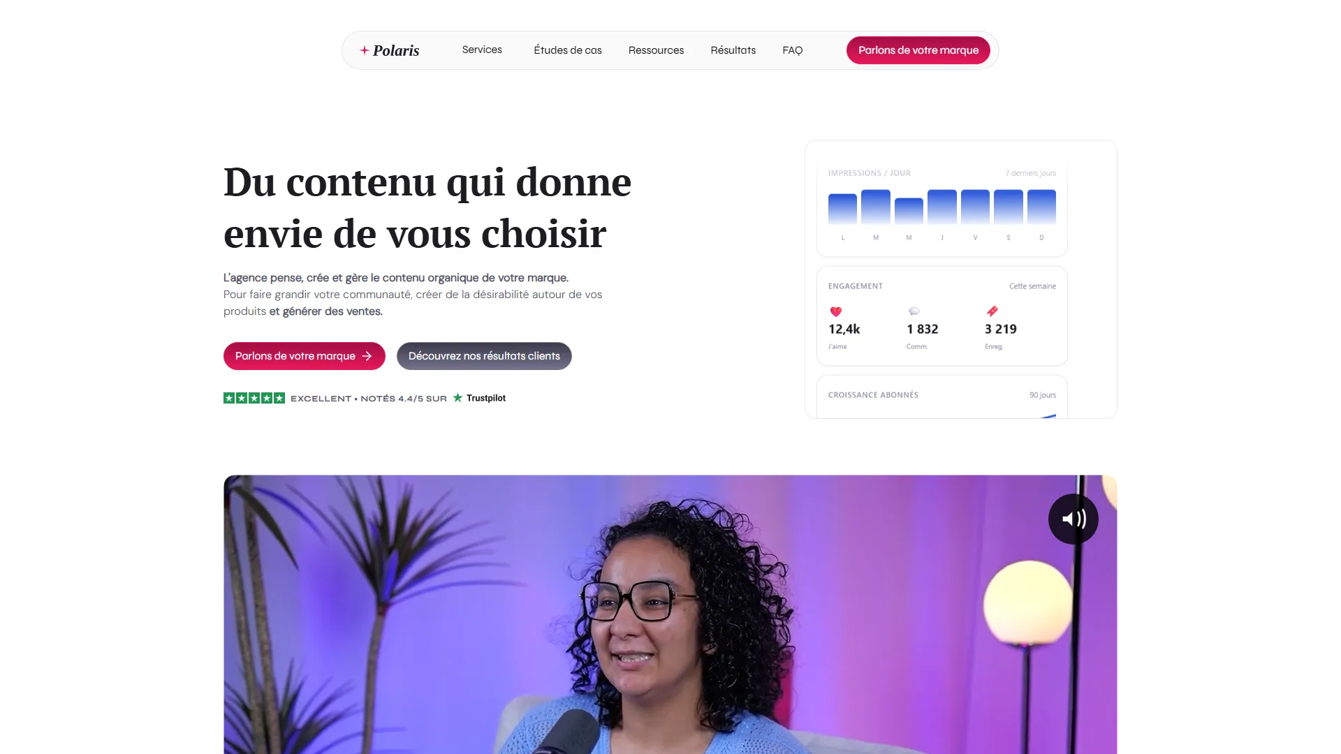 Page d'accueil du site de Polaris : « Du contenu qui donne envie de vous choisir », deux boutons et des cartes de statistiques